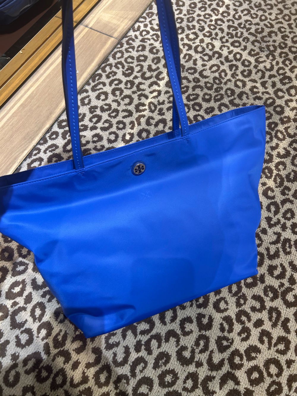 Tory Burch Nylon blue  Tote Bag Zip Closure Logo Accent Gold Hardware